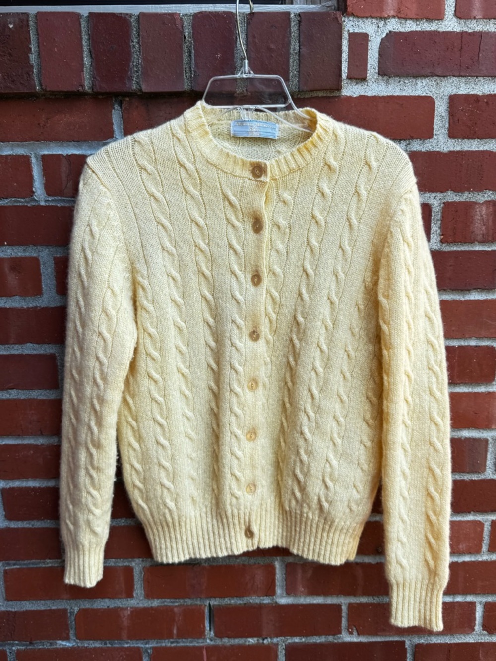Classic Butter Yellow 100% Wool Cable Knit Cardigan Archie Brown & Son s/m